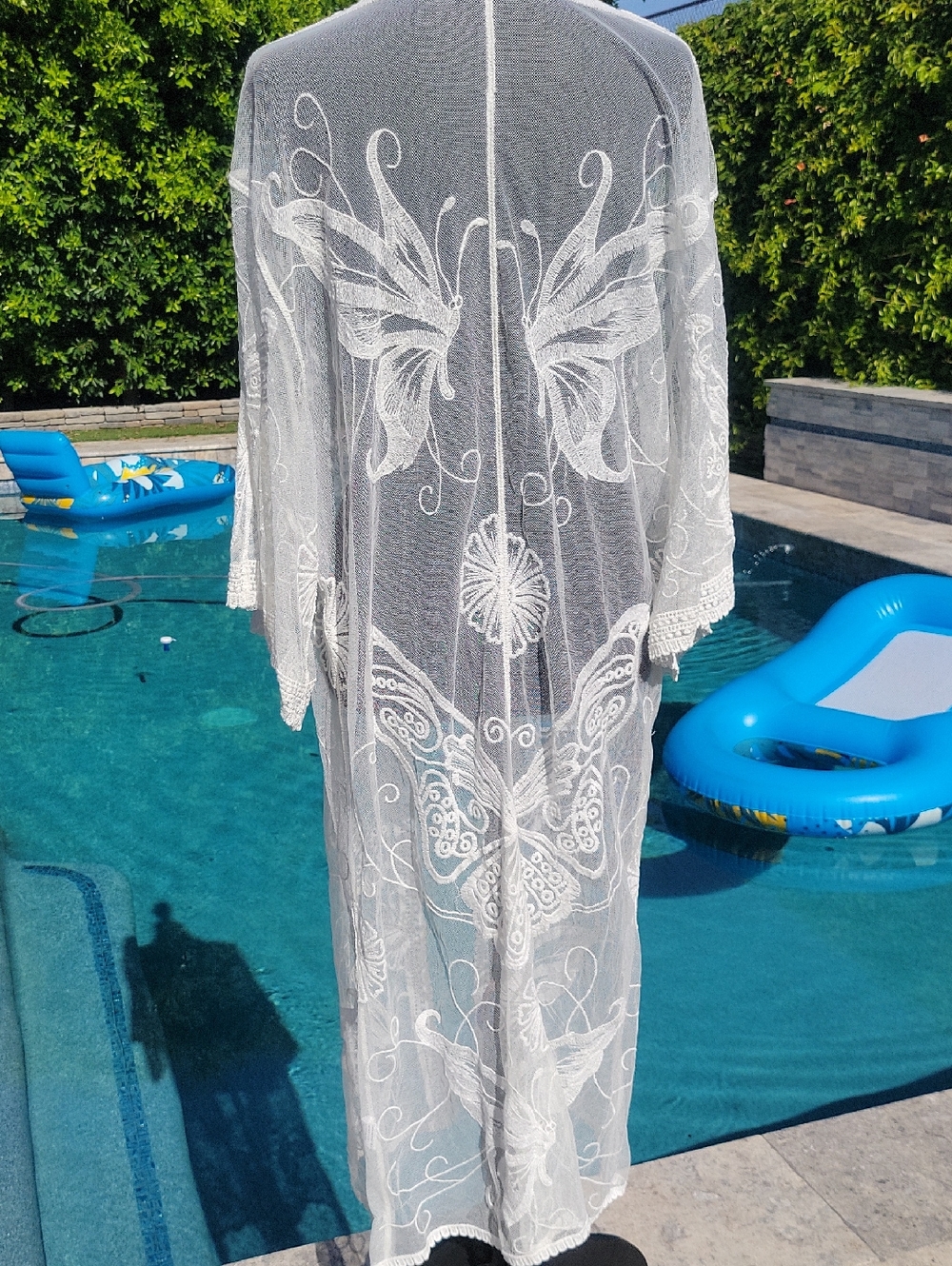 Boho White Butterfly Embroidered With Lace Trim Kimono Swim Cover Up - Picture 7 of 15